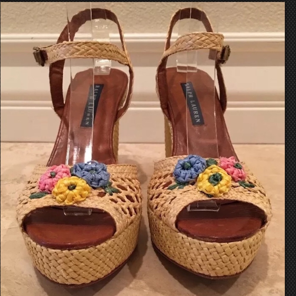 RALPH LAUREN COLLECTION Espadrilles Woven Raffia Colorful Flowers 8.5 NEW ITALY!